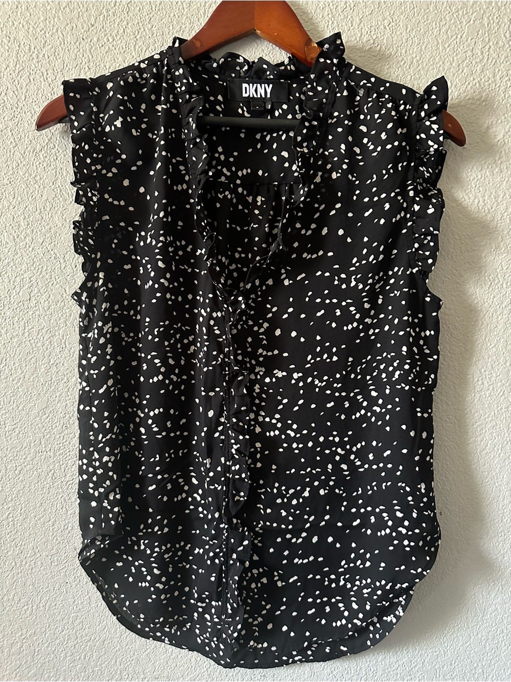 DKNY Black and White Polka Dot Ruffle Sleeveless Top